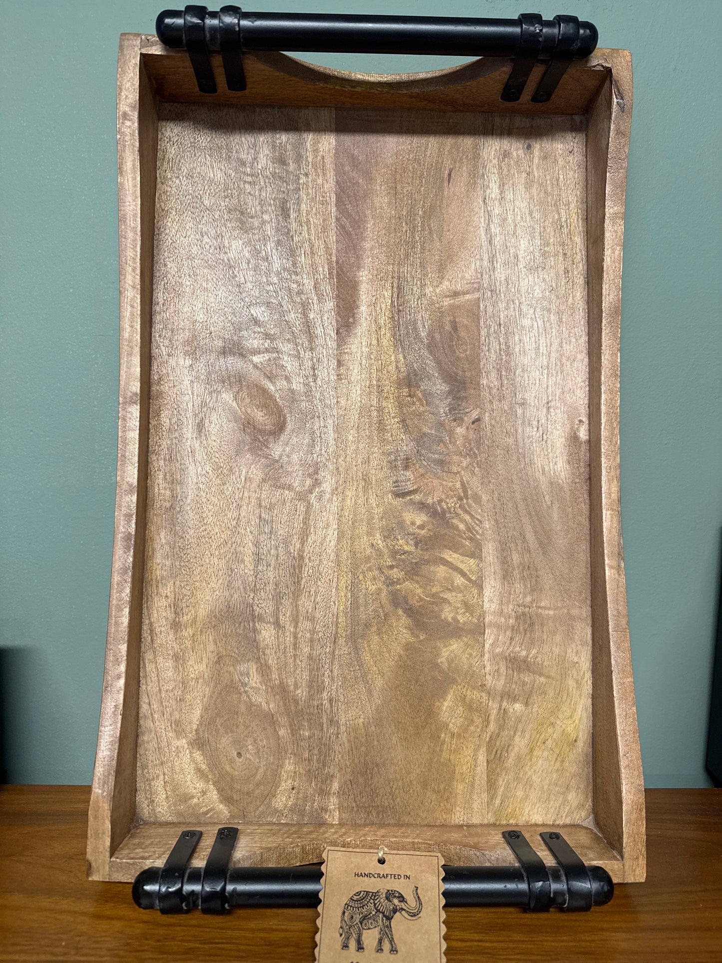 WOODEN TRAY WITH BLACK IRON HANDLES INDIA