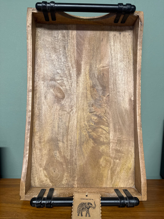 WOODEN TRAY WITH BLACK IRON HANDLES INDIA