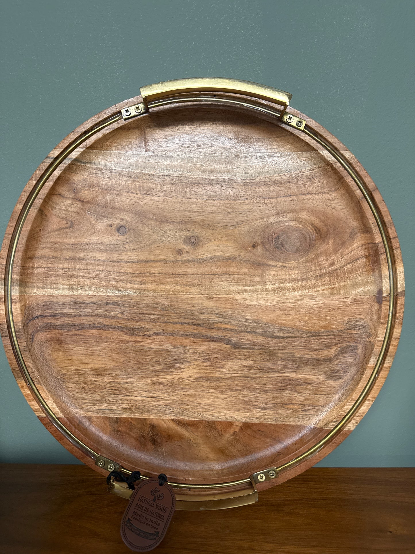 SMALL ROUND WOODEN TRAY WITH BRASS HANDLES