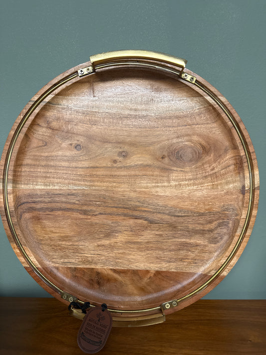 SMALL ROUND WOODEN TRAY WITH BRASS HANDLES