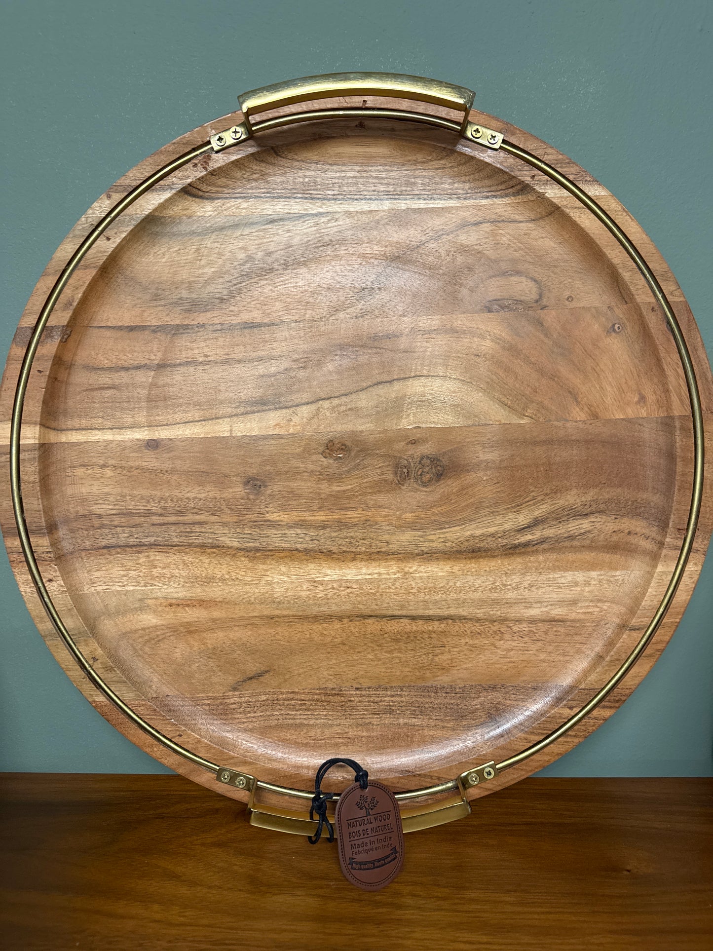 LARGE ROUND WOODEN TRAY WITH BRASS HANDLES