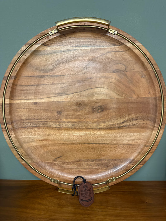 LARGE ROUND WOODEN TRAY WITH BRASS HANDLES